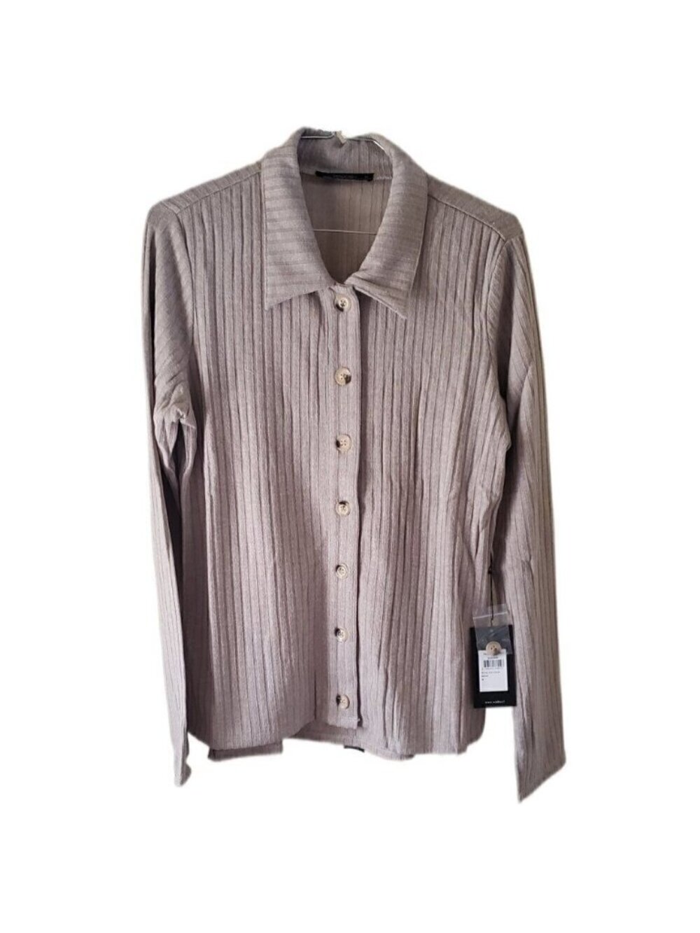 New Wados WDS Beige Long-Sleeve Collared Button-Up Knit Top